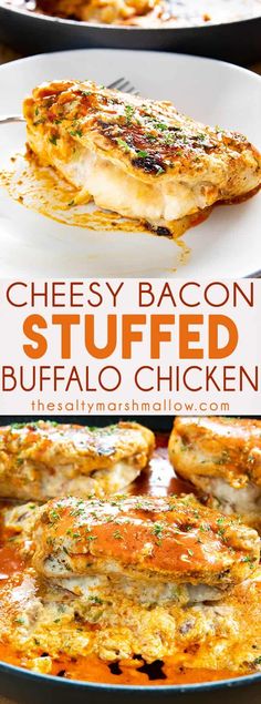 cheesy bacon stuffed buffalo chicken in a skillet