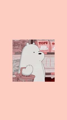 a polar bear is holding a basket in front of a pink background with the words tofu on it