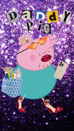 a cartoon pig with sunglasses on and holding a shopping bag in front of purple glitter