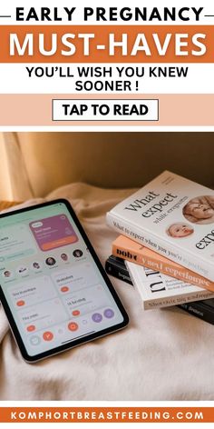 a pile of books sitting on top of a bed with text overlay reading early pregnancy must - haves you'll wish you knew some tap to read