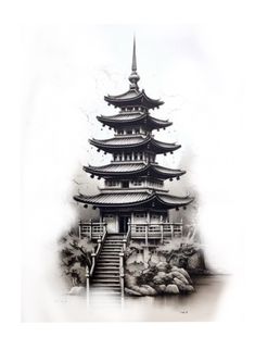 an artistic photo of a pagoda in the middle of a body of water with stairs leading up to it