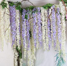 purple and white flowers hanging from the side of a wall