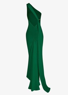 Made for moments of dramatic entrance, this maxi dress is crafted from luxuriant, lightweight fabric and comes with a breathtaking train and an o-ring detail that will turn heads. Feminine and elegant, its backless design and silhouette will make it a timeless piece in your wardrobe. Fit Type: Regular Fit Fabric: High Stretch Material: Polyester, Elastane Green Ruched Floor-length Evening Dress, Green Ruched Evening Gown, Ruched Evening Maxi Dress, Ruched Maxi Dress For Evening, Elegant Green Stretch Backless Dress, Green Evening Dress With Ruched Back, Green Halter Neck Maxi Dress For Prom, Green Ruched Back Evening Dress, Pre-draped Evening Maxi Dress With Sweep Train