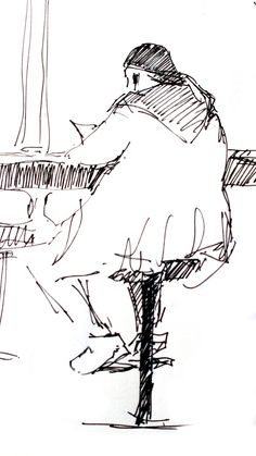 a drawing of a person sitting at a table