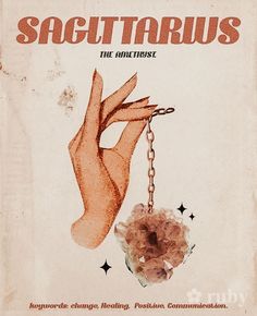 an old book cover with a hand holding a chain and the words sagittrius on it