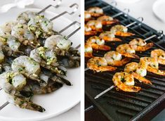 shrimp and shrimp skewers are being cooked on the grill next to a plate of shrimp