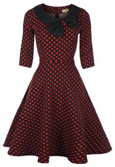 Amazon.com: 1950s Parisian Style Collared Bow Dress - I see Mad Men Peggy rocking this vintage retro style to the office, love the navy and red polka dot Audrey Hepburn Style Dresses, Lindy Bop, Three Quarter Sleeve Dresses, Hepburn Style, Retro Vintage Dresses, Paris Mode, Bow Dress, 1950s Fashion, Mode Vintage