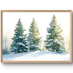 watercolor painting of trees in the snow