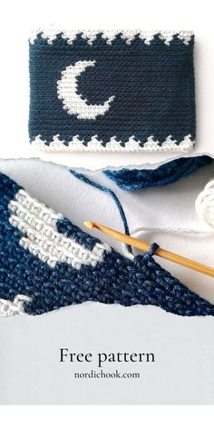 two crocheted hats with yarn and knitting needles next to each other on top of a white surface