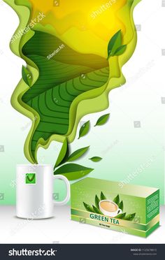 green tea with leaves and box on white background, 3d illustration stockvectors