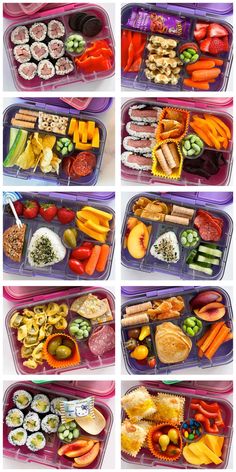 several pictures of different types of food in plastic trays on a white table top