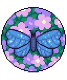 a blue butterfly sitting on top of a purple flower covered in green leaves and pink flowers