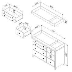 three drawers and two chests with measurements for each drawer