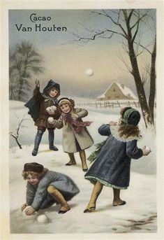 an old fashioned christmas card with children playing in the snow, one boy is holding a ball