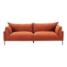 With Scandinavian styling, a softly blocked silhouette, and burnt auburn fabric upholstery, the sofa balances everyday simplicity with deep-seated comfort and plush cushioning. Find beauty in practicality with slim steel legs, clean stitch lines, and removable seat and back cushions. | AllModern Amryis 94" Sofa Polyester in Brown | 33 H x 94 W x 35.5 D in | Wayfair Slim Sofa, Orange Sofa, Stylish Sofa, Stainless Steel Legs, Sofa Upholstery, Scandinavian Inspired, Modern Furniture Living Room, Burke Decor, Fabric Upholstery