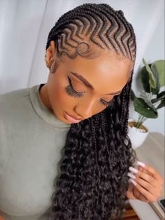 Braided Ponytail Hairstyles Cornrow, Feed In Cornrows With Box Braids, Black Goddess Hairstyles, Box Braids With Cornrows On Top, Cornrow With Box Braids In The Back, Zig Zag Braids For Black Women, Cornrows With Twists In The Back, Conrow Ponytails, Two Step Ghana Weaving Hairstyles