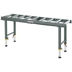 a long metal table with two legs on each side and one leg raised up to the ground