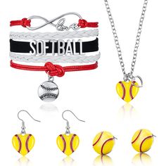 PRICES MAY VARY. What you receive: you will get 1 piece of softball necklace, 1 piece of softball bracelet, 1 pair of softball pendant drop earrings, 1 pair of softball earrings, softball-themed accessories to meet your daily dress needs Shiny and strong: the softball jewelry set adopt quality alloy material, solid and reliable, shiny and bright, not easy to break, fade or rust, available for long time wearing, both of them are light in weight, comfortable to wear Exquisite design: the softball Softball Earrings, Softball Bracelet, Softball Jewelry, Softball Heart, Softball Necklace, Enamel Necklaces, Women's Jewelry Sets, Cheap Jewelry, Earrings Stud