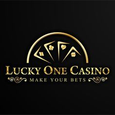 the lucky one casino logo is shown on a black background with gold lettering and playing cards