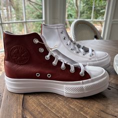 Brand New. Never Worn. Custom Leather Chuck Taylors. Burgundy Red And White. Converse Shoes Custom, Leather Chuck Taylors, Custom Chuck Taylors, Chuck Taylor All Star Lift, Converse White, Womens Converse, Custom Leather, Chuck Taylor All Star, Burgundy Red