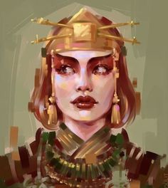 a digital painting of a woman with red hair and gold jewelry on her head, wearing a golden crown