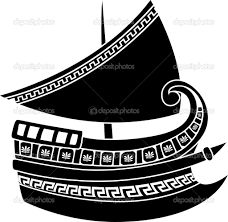 a black and white silhouette of a boat with an ornament pattern on it