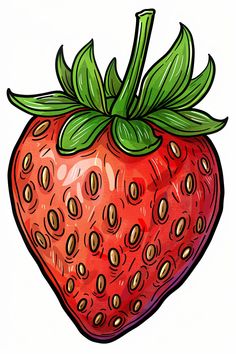 a drawing of a strawberry with green leaves on it's top and seeds on the bottom