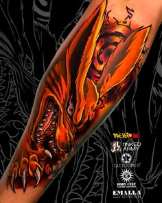 an orange dragon tattoo on the arm