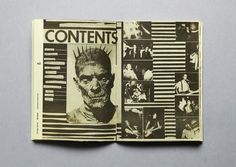 an open book with pictures of people and monsters on it's front page, in black and white