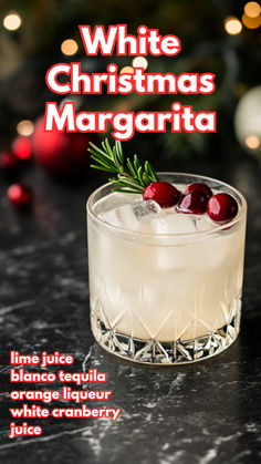 White Christmas Margarita Recipe White Christmas Cranberry Margarita, White Tequila Cocktails, Drinks With White Cranberry Juice, Alcoholic Punch Recipes Tequila, Coconut Margarita Christmas, Holiday Shots Recipes, Green Holiday Drinks, White Christmas Margaritas, Don Julio Blanco Drinks Recipes