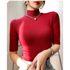 Sleeve Style: Regular Fitted, short sleeve turtleneck top. Cotton and polyester blend. Plaid Jacket Women, Women Turtleneck, White Tee Shirt, Woman Top, Layered T Shirt, White Tee Shirts, Fitted Turtleneck, Stretchy Tops, Womens Turtleneck