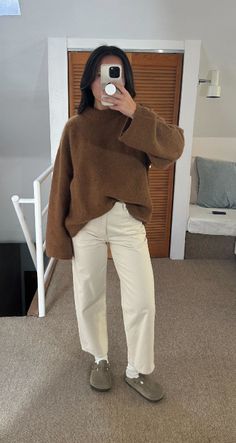 Gen Z Comfy Outfits, Crew Socks With Loafers Outfit, Brown Sweater Leggings Outfit, Birkenstock Outfit Fall Clog, Boston Clog Work Outfit, Beige Jeans Fall Outfit, Ways To Style Boston Clogs, Birkenstocks In Winter, Uggs Business Casual