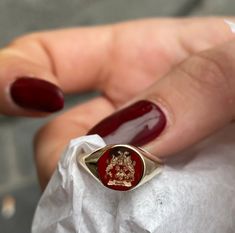 a close up of a person's hand holding a ring with a coat of arms on it