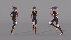 an animation character is running and posing for the camera, with different poses on each side