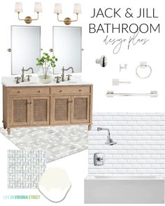 a bathroom with white tile and wood cabinets