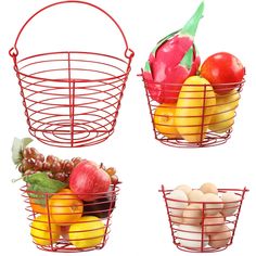 three baskets filled with different types of fruits and vegetables next to each other on a white background