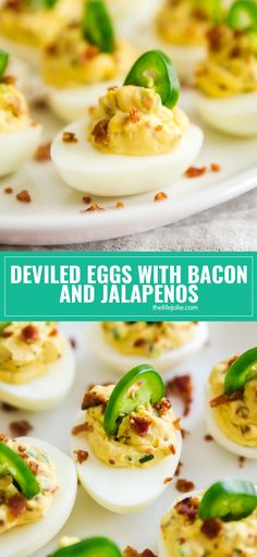 deviled eggs with bacon and jalapenos on a white platter topped with green peppers