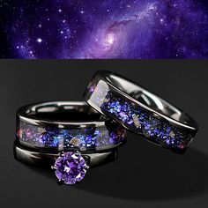 Nebula His and Her 3 Piece Real Meteorite Ring & Opal Ring Set Engagement Wedding Rings Blue and Purple Promise Ring Set FREE ENGRAVING - Etsy Damascus Ring For Women, Lgbtq Wedding Rings, Fantasy Themed Engagement Rings, Galaxy Opal Ring, 3 Piece Wedding Ring, Fire Opal Wedding Ring Set, Blue And Purple Wedding Rings, Engagement Rings That Fit Together, Hers And Hers Wedding Rings