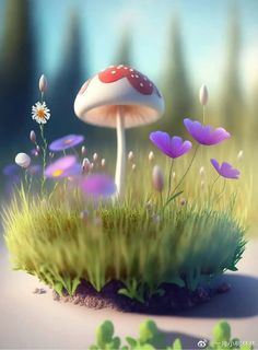 a mushroom sitting on top of a lush green field next to purple and white flowers