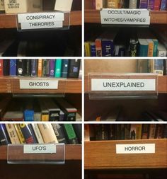 four different images of books on shelves with labels