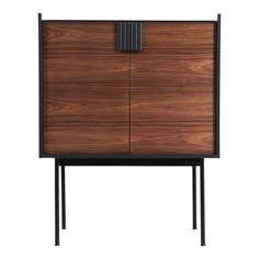 the sideboard is made from wood and has black metal legs, with a wooden cabinet on