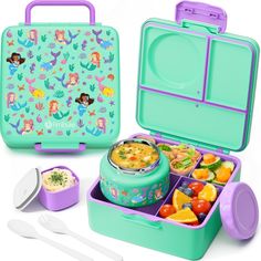 the lunch box is filled with food and ready to be eaten