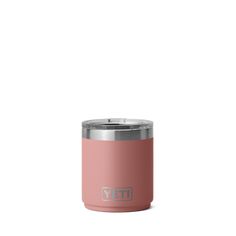 the yeti insulated tumbler is shown in pink with silver lid and stainless steel trim