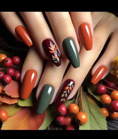 October Inspo Nails, Short Nails Burnt Orange, Nail Designs That Match Everything, Red Pumpkin Nails, Fabric Nail Art, Simple Fall Nails Green, Green And Yellow Fall Nails, November Nails Fall Matte, Thanksgiving Nails Coffin Shape