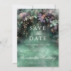 save the date card with purple flowers and greenery