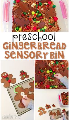 the gingerbread sensory bin is made with pre school materials and then decorated to look like gingerbreads