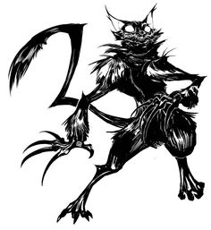 a black and white drawing of a demon with the letter d on it's back