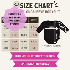 INSTANT DIGITAL DOWNLOAD ** Download available after purchase, NO physical item will be sent** Add to your shops listings this 4411 Infant Long Sleeve Bodysuit size chart. This size chart shows the width, length, and sleeve measured in inches.  This chart will be helpful for shoppers and draw in more sales to your business. YOU WILL RECEIVE: ▸ 2 (two) high-resolution JPG files, containing your 4411 Infant Long Sleeve Bodysuit size chart (1 (one) size chart with brand of shirt,1 (one) size chart Style Chart, Baby Logo, Long Sleeve Bodysuit, Business Logo, Flat Lay, Digital Files, Mockup, Physics, Beauty Book