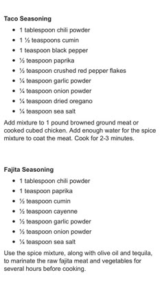 the recipe for taco seasoning is shown in black and white, with instructions on how to make it