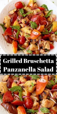 grilled bruschetta with panzanella salad in a white bowl on a wooden table